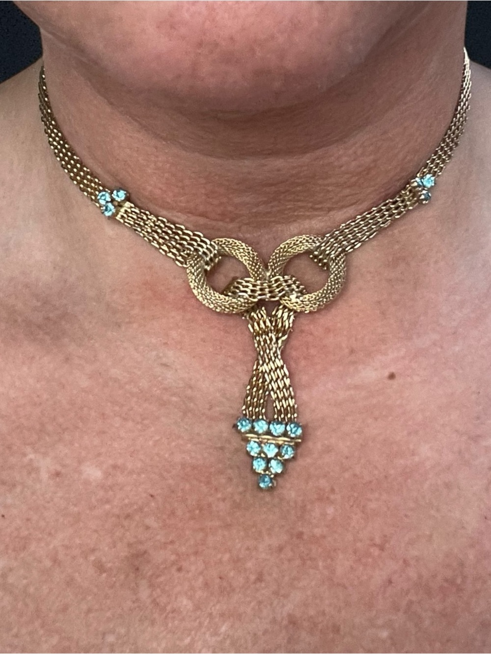 Vintage Gold Tone Mesh Collar Necklace Aqua Crystal Knot Statement